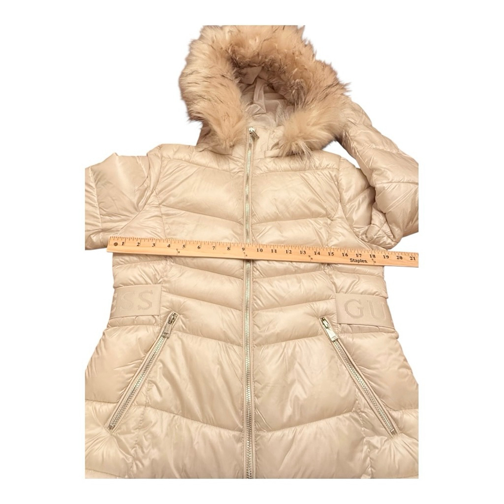 GUESS Beige Cream Puffer Jacket with Faux Fur Hood, Size M NWT - Picture 9 of 16